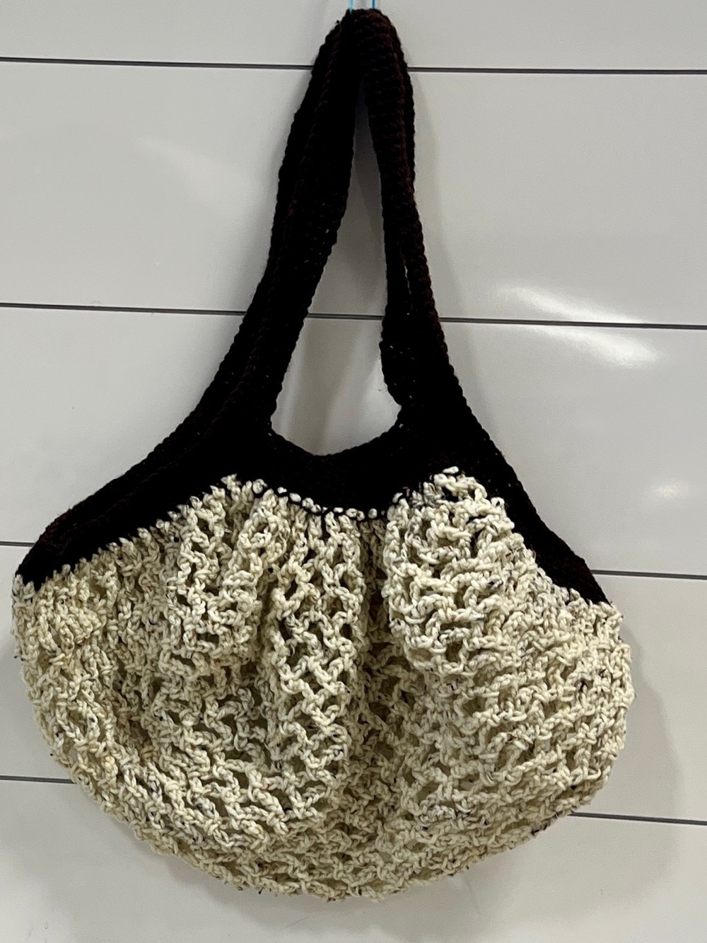 Handcrafted Two-Tone Crochet Shoulder Bag in Cream and Dark Brown Small